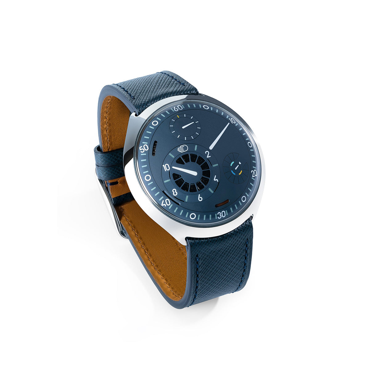 Official three-quarter view of Ressence TYPE 2 Night Blue with solar e-Crown shutters and blue strap