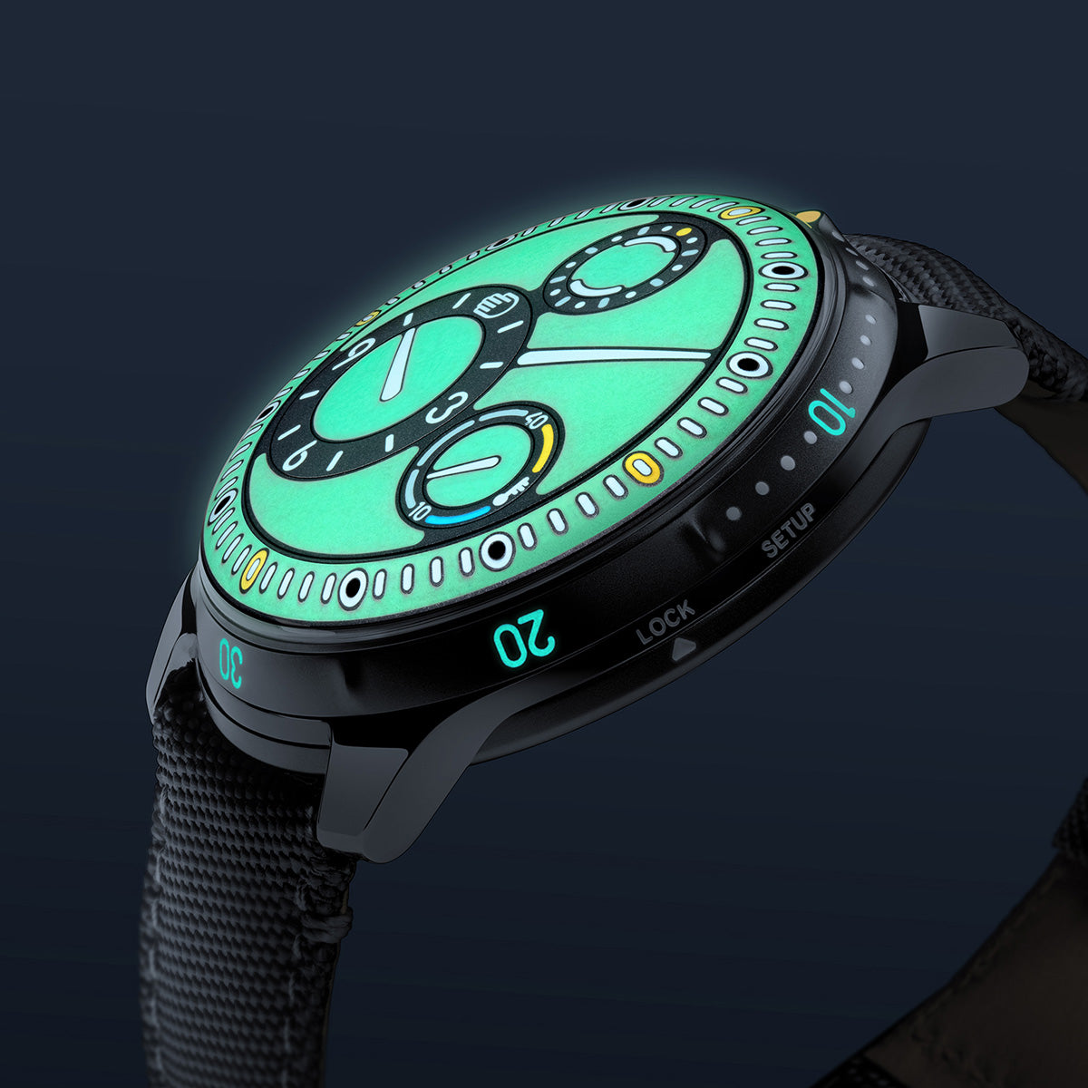Close-up of Type 5 L fully illuminated green dial and bezel
