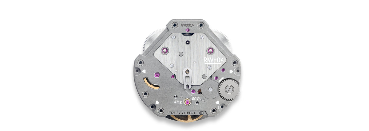 A close-up of a watch movement mechanism, showing silver-toned metal parts, screws, and small purple ruby bearings on a white background.