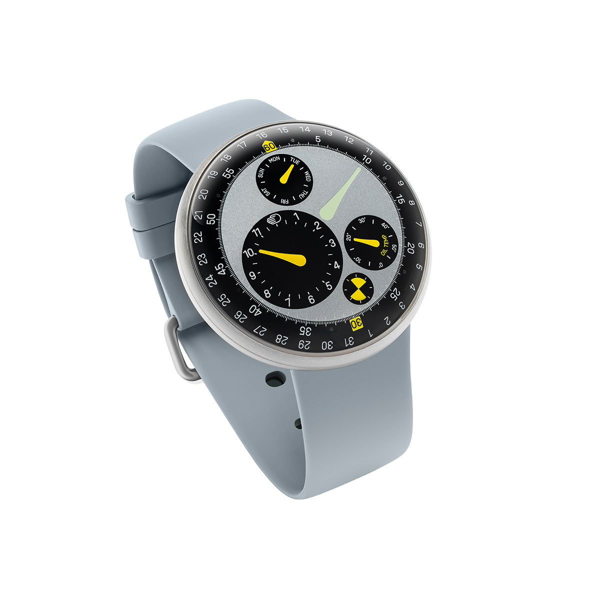 Three-quarter view of Type 3 Marc Newson in silver titanium case and wide grey rubber strap
