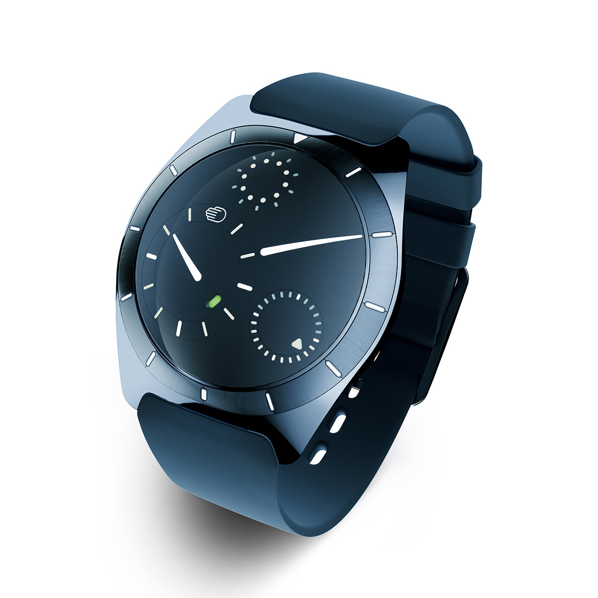 An angled view of the Ressence Type 10 DN and its integrated rubber strap.
