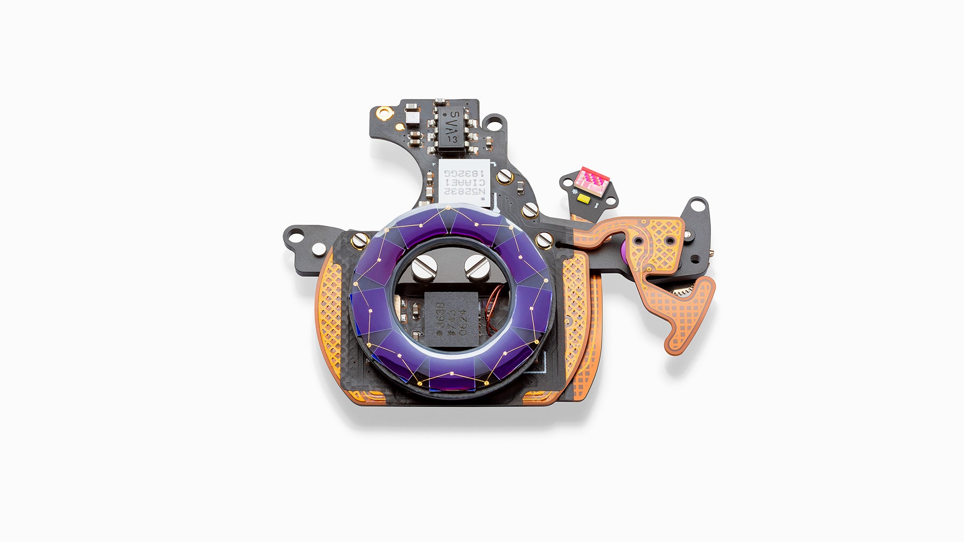 Detailed image of the Ressence eCrown® electronic PCB component powering the dual time zone of the TYPE 2