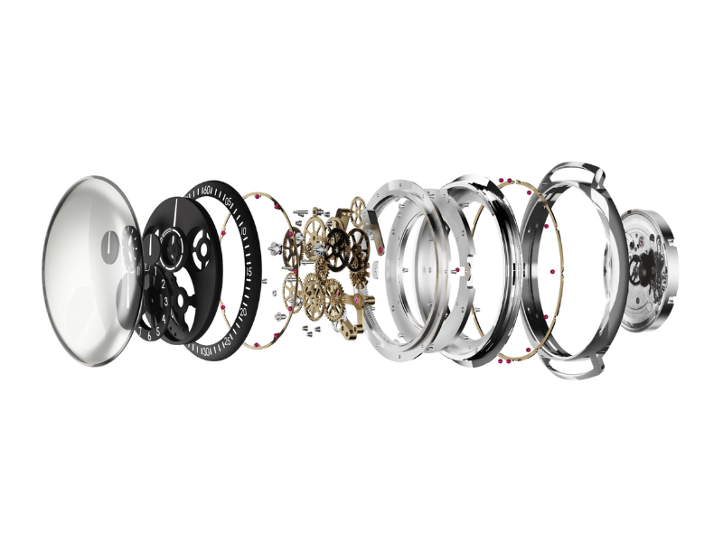 Exploded view for mobile of all the components of a Ressence TYPE 1 ROCS (Ressence Orbital Convex System) module, on a white background