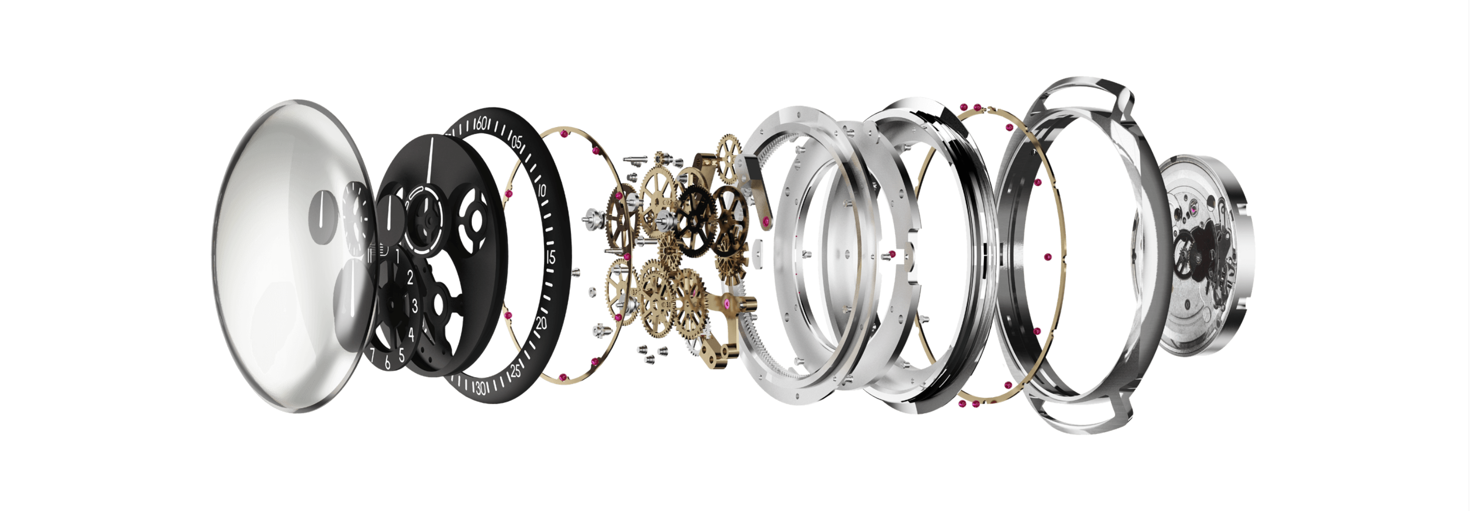 Exploded view of all the components of a Ressence TYPE 1 ROCS (Ressence Orbital Convex System) module, on a white background