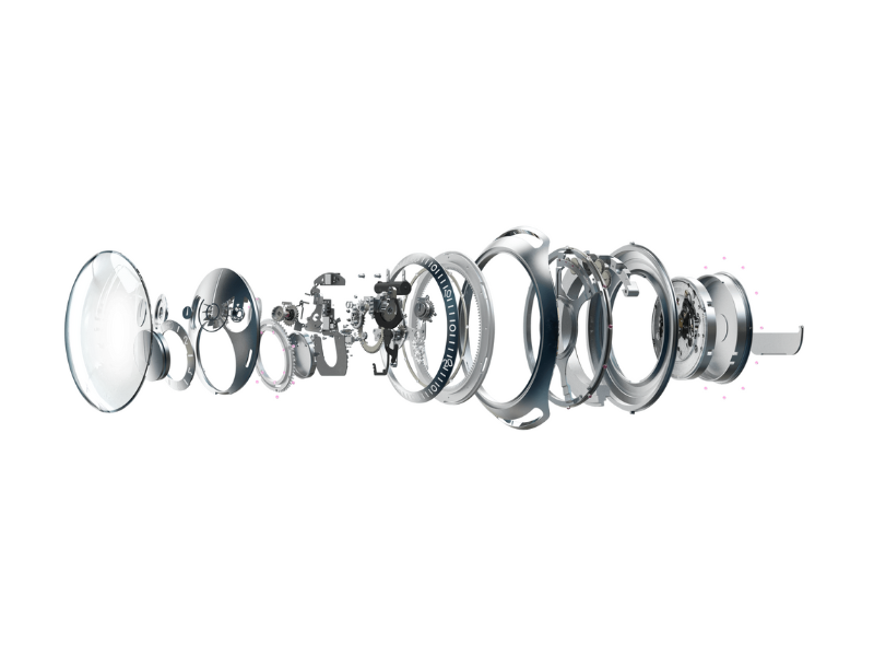 Exploded view for mobile of all the components of a Ressence TYPE 1 ROCS (Ressence Orbital Convex System) module, on a white background