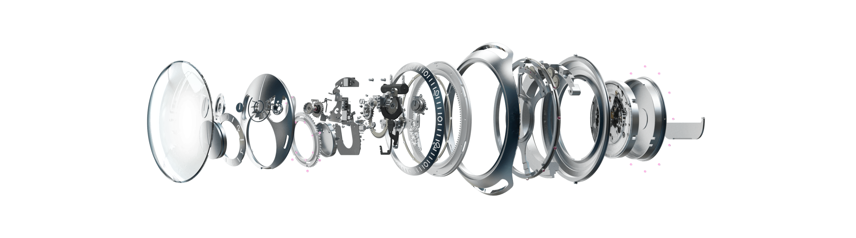 Exploded view of all the components of a Ressence TYPE 2 ROCS (Ressence Orbital Convex System) module, on a white background