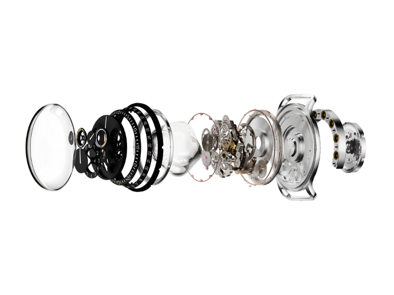 Exploded view of all the components of a Ressence TYPE 3 ROCS (Ressence Orbital Convex System) module, on a white background