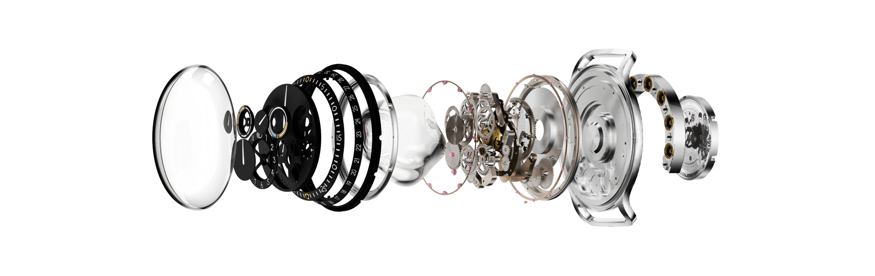 Exploded view of all the components of a Ressence TYPE 3 ROCS (Ressence Orbital Convex System) module, on a white background