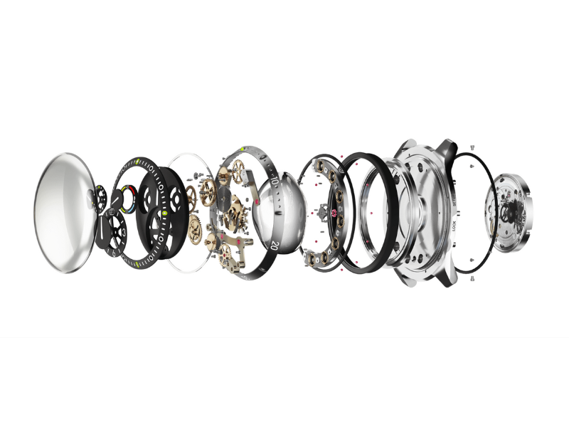 Exploded view for mobile of all the components of a Ressence TYPE 5 ROCS (Ressence Orbital Convex System) module, on a white background