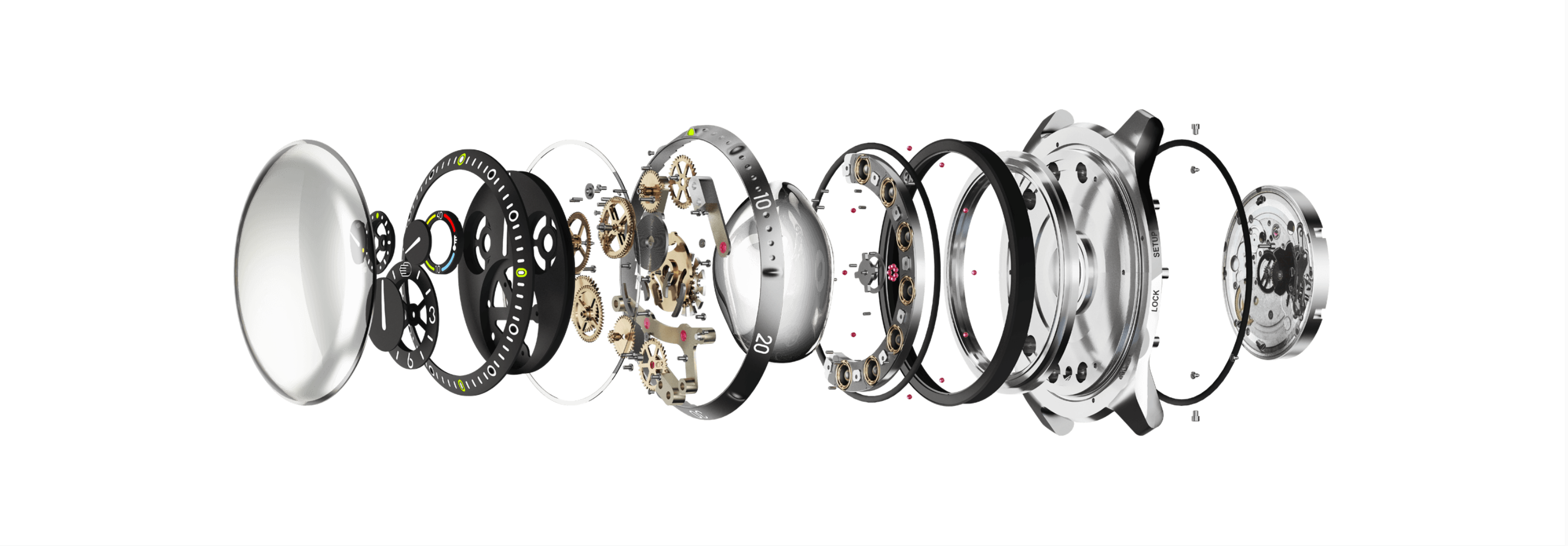 Exploded view of all the components of a Ressence TYPE 5 ROCS (Ressence Orbital Convex System) module, on a white background