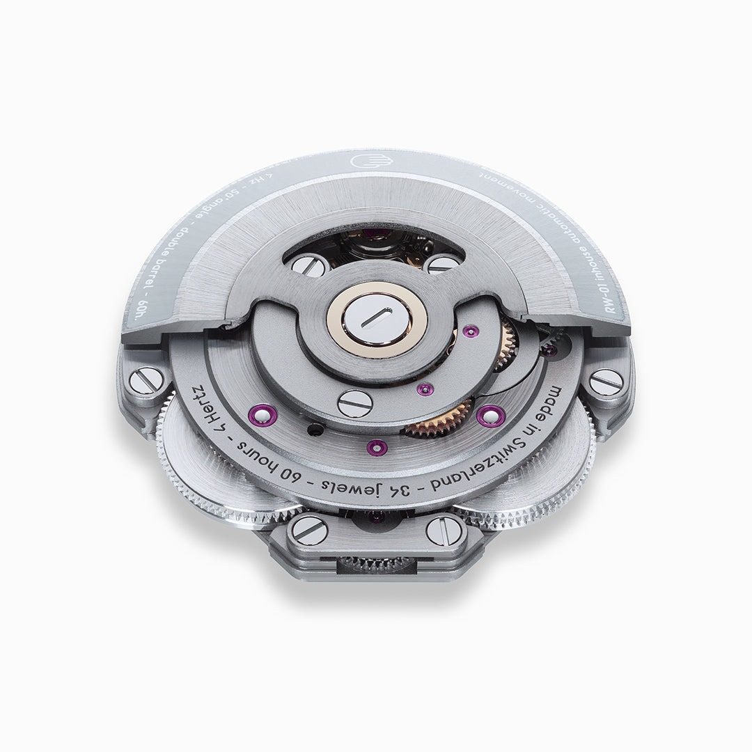 Close-up of the Ressence RW-01 mechanical watch movement on a white background. Square image