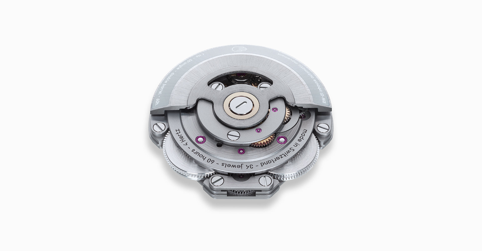 Close-up of the Ressence RW-01 mechanical watch movement on a white background