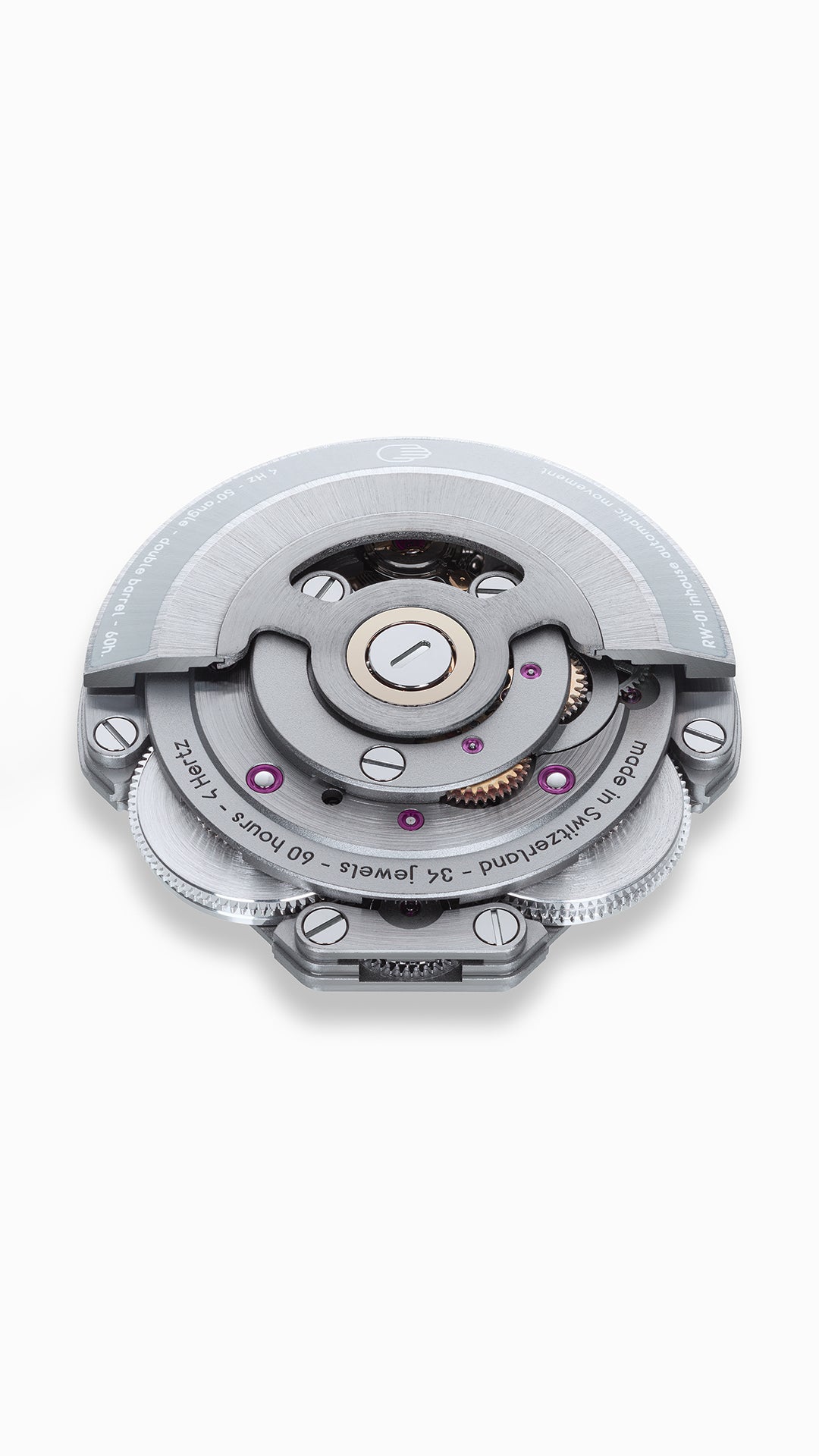 Vertical image of the Ressence RW-01 mechanism with 'Ressence' branding on a white background, showcasing the double barrel and the hairspring