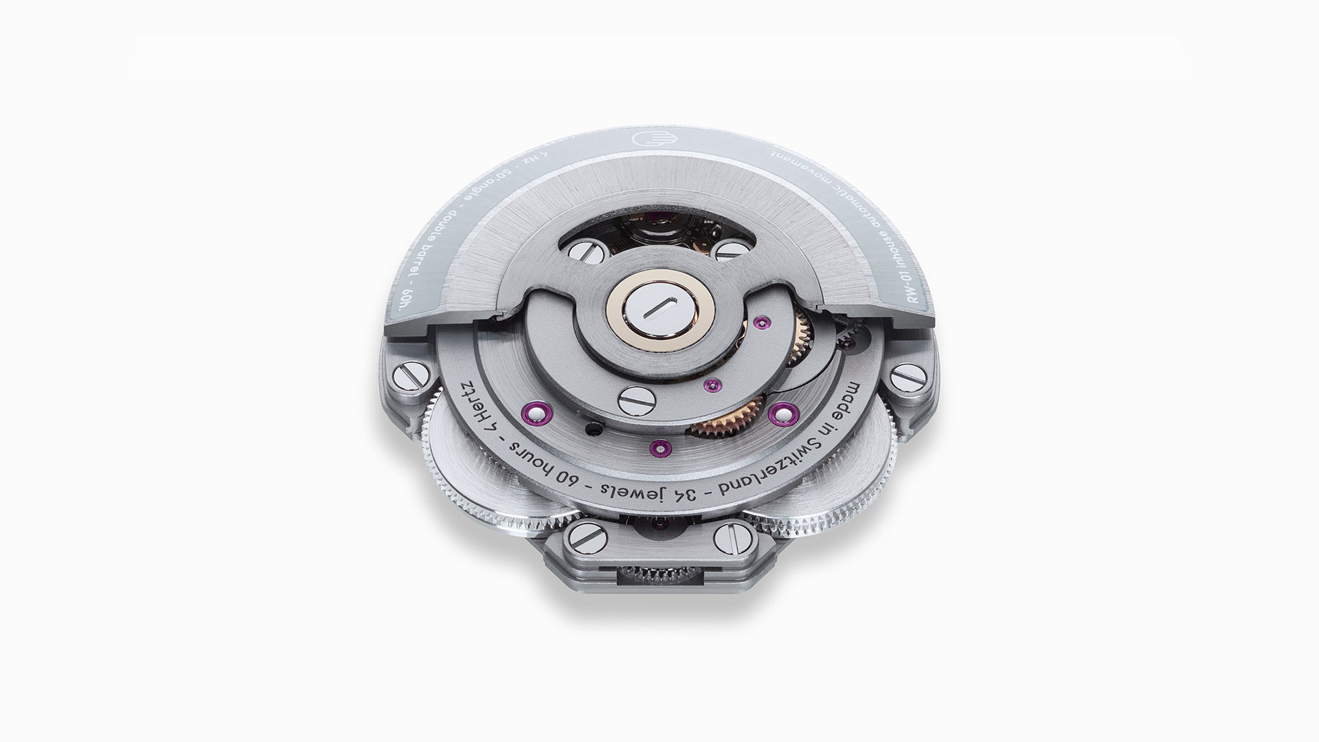 The Ressence RW-01 mechanism with 'Ressence' branding on a white background, showcasing the double barrel 