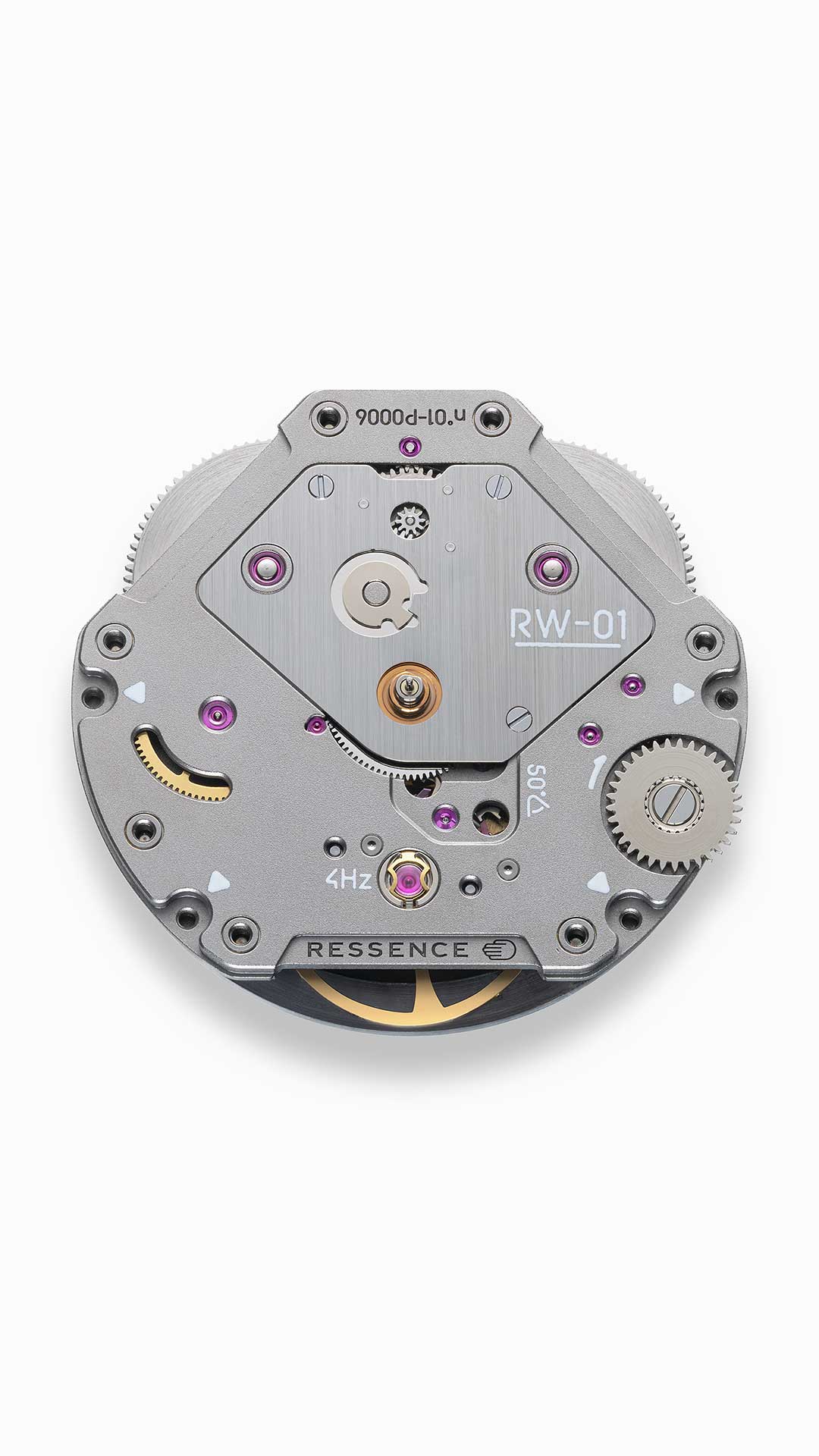 Ressence first movement the RW-01 watch mechanism vertical image on a white background