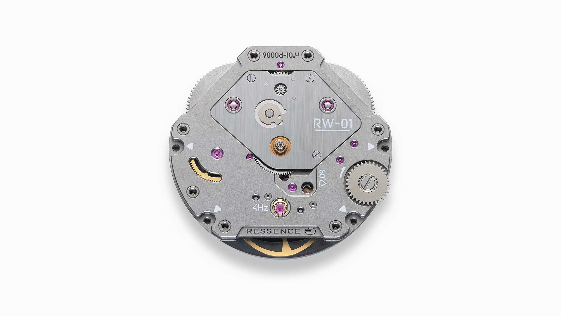 Ressence first movement the RW-01 watch mechanism on a white background