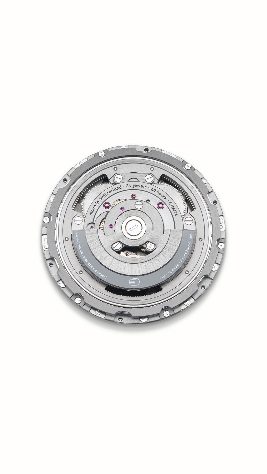 Detailed internal vertical shot of a Ressence RW-01 automatic mechanical watch movement on a white background