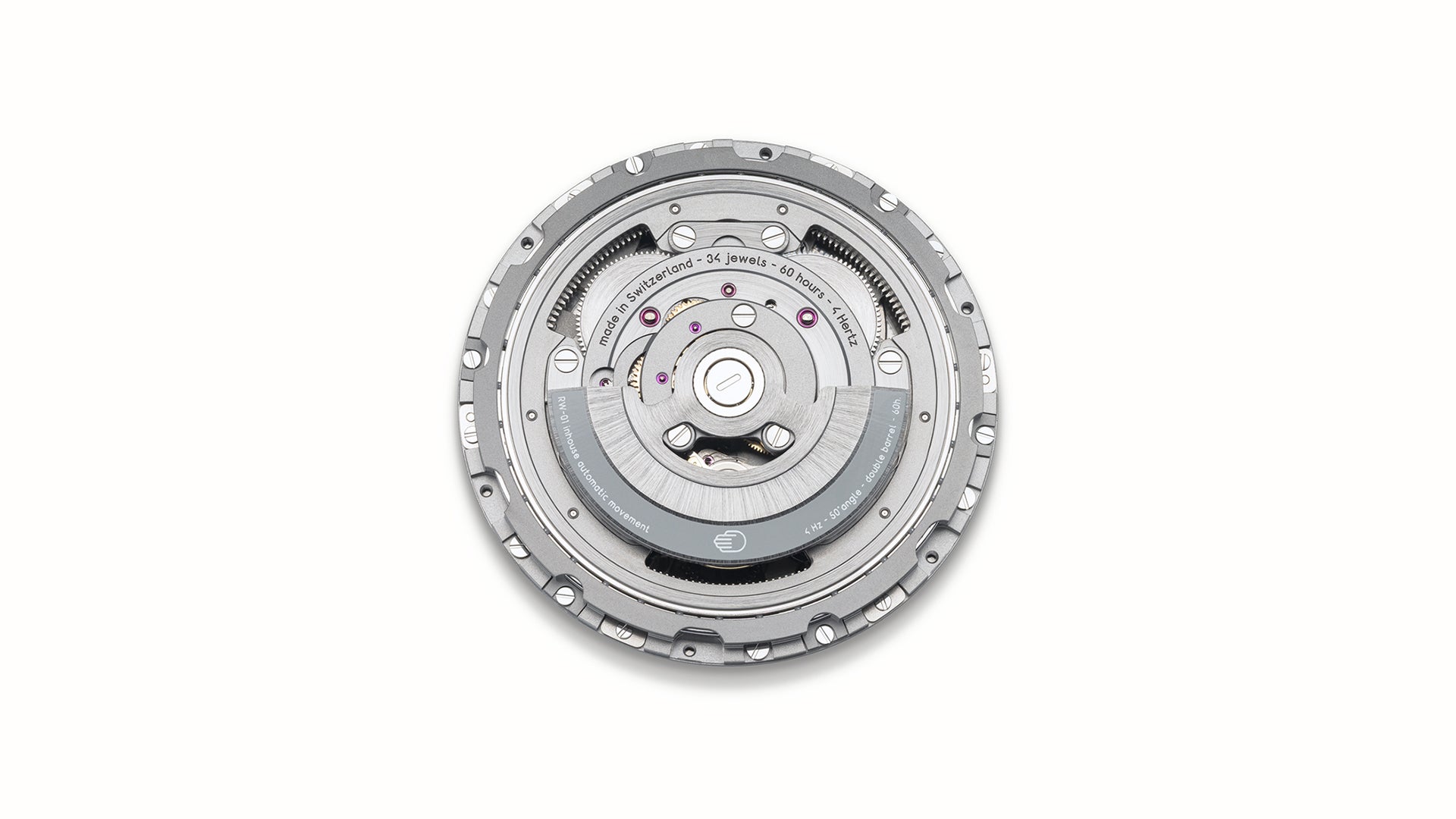 Detailed internal shot of a Ressence RW-01 automatic mechanical watch movement on a white background