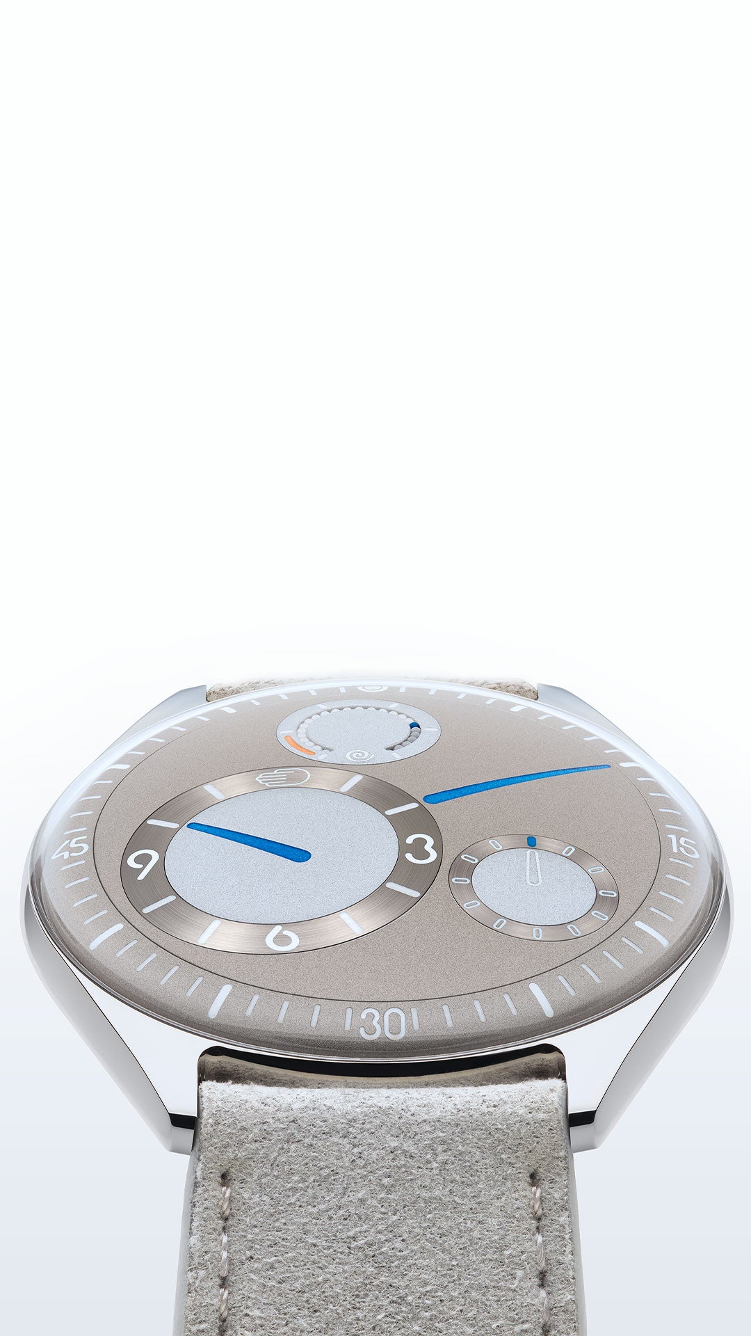 Vertical image of a Ressence TYPE 11 Latte, a contemporary luxury watch, shown dial up indicating 10 minutes past 10 o'clock, on a white background