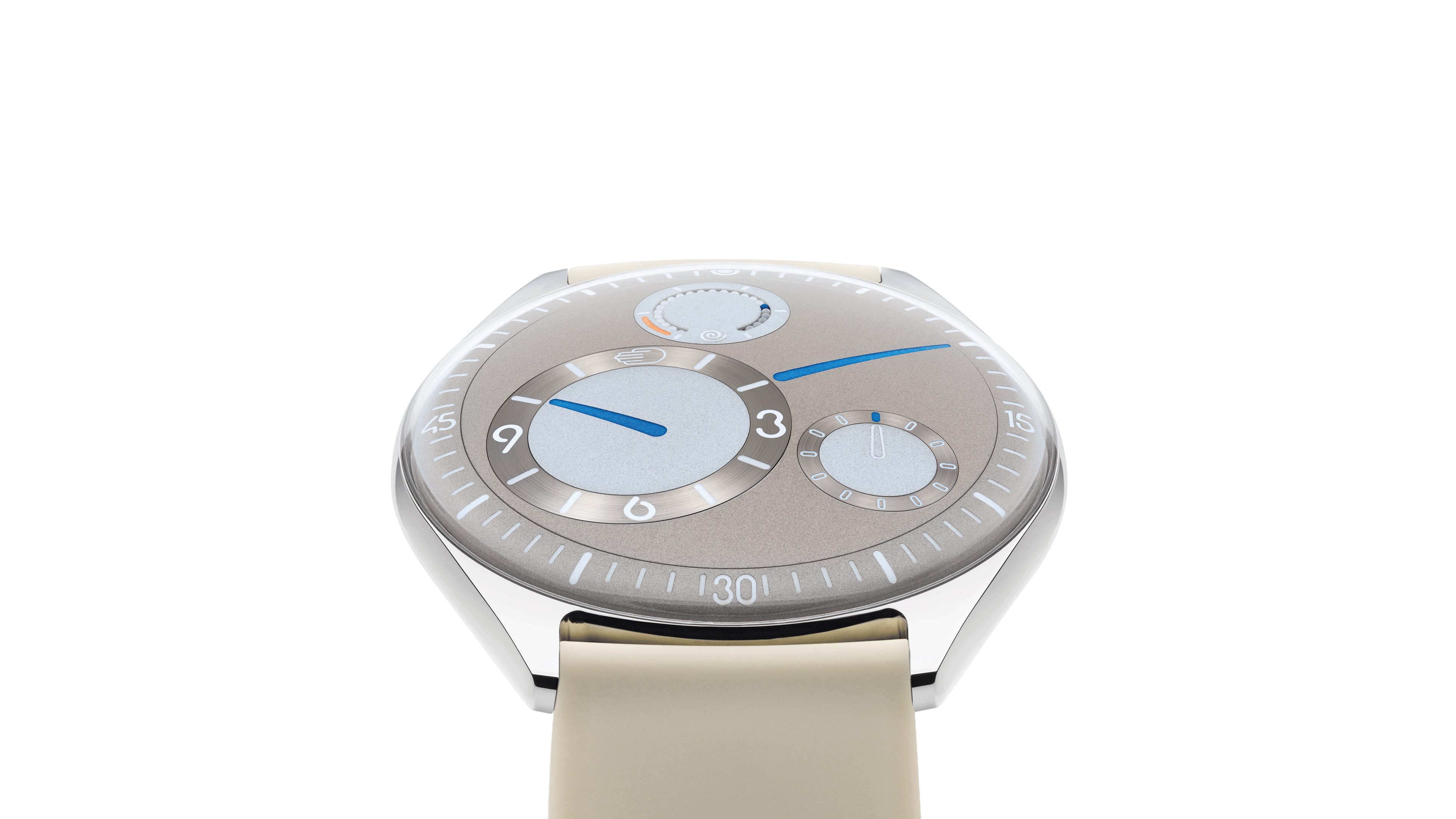 Ressence TYPE 11 Latte, a contemporary luxury watch, shown dial up indicating 10 minutes past 10 o'clock, on a white background