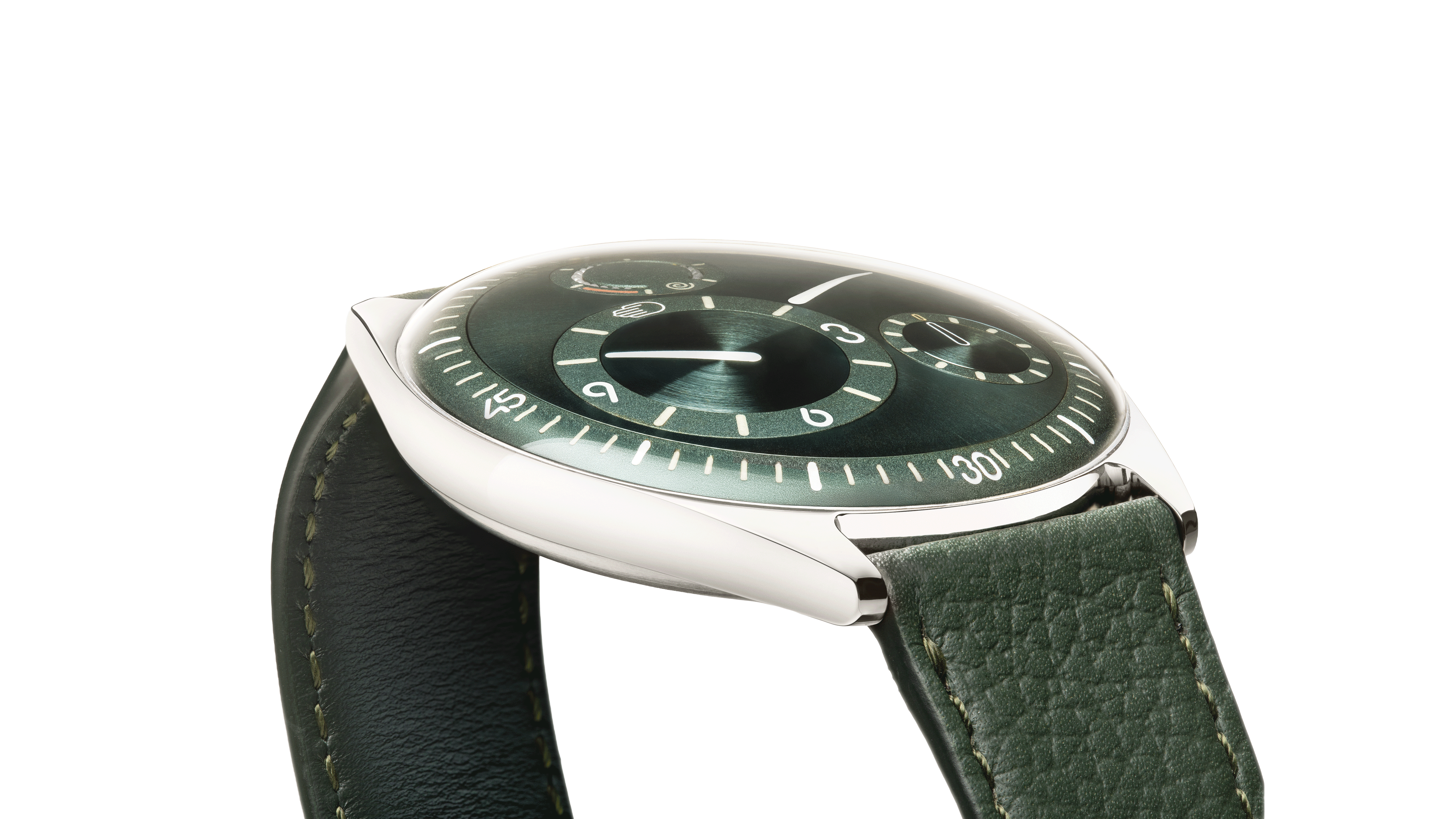 Ressence TYPE 11 Pine, a contemporary luxury watch with green face and leather strap on a white background