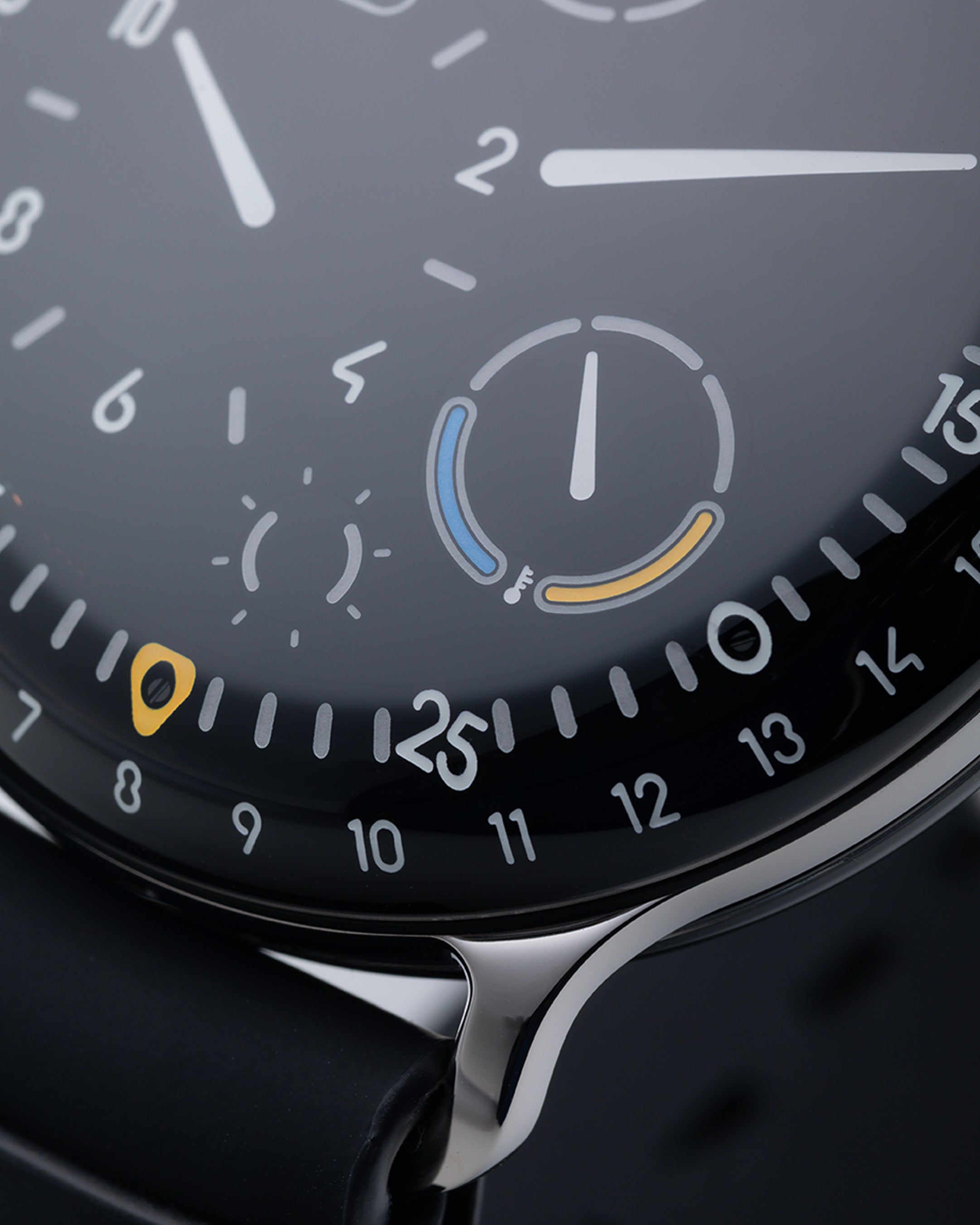 Vertical close up shot of a Ressence TYPE 3 Black, the ultimate oil-filled high end titanium mechanical watch