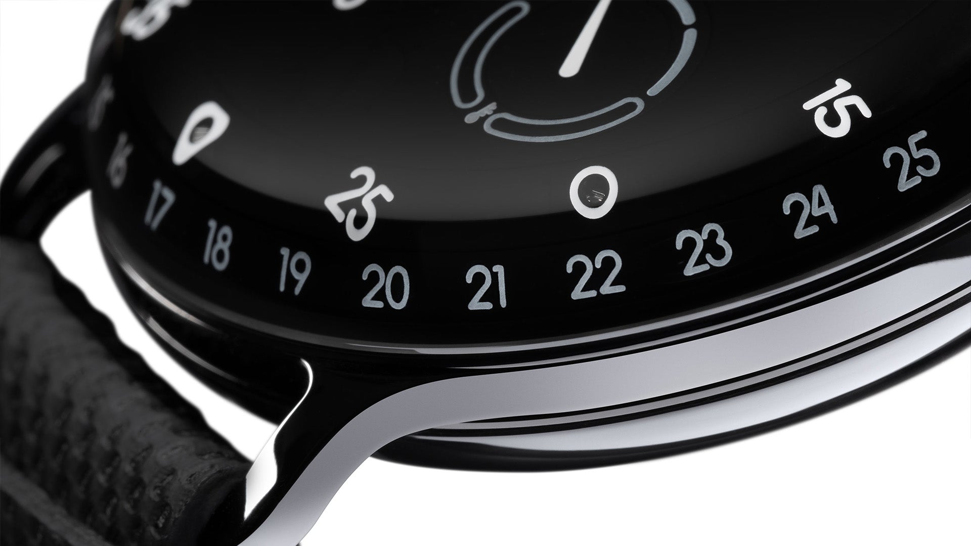 Close-up of a watch Ressence TYPE 3 Black Black Black with black background and white numbers