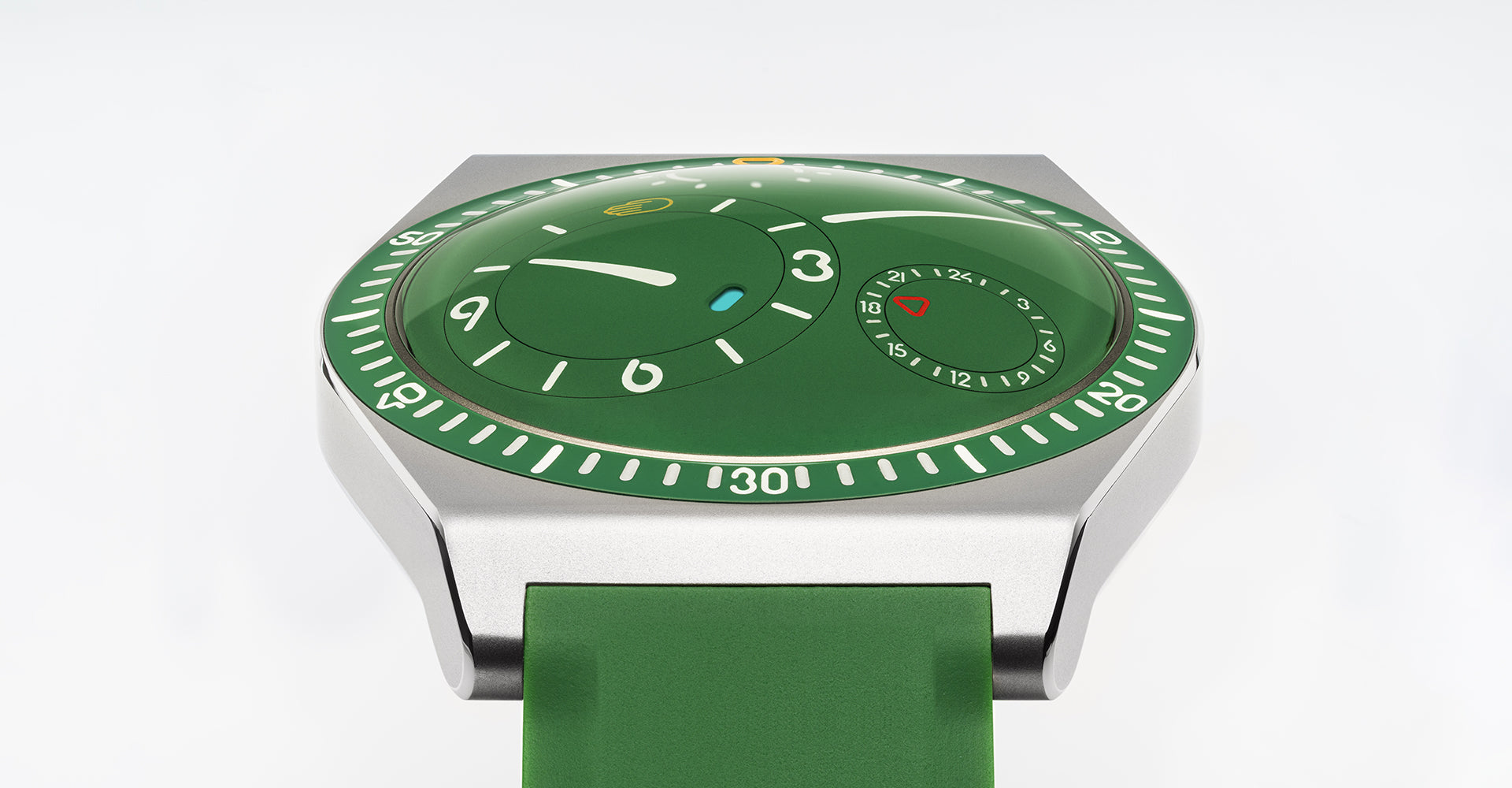 Cactus green Ressence TYPE 7 titanium GMT sport-chic watch shown dial up, with a green rubber strap on a white background