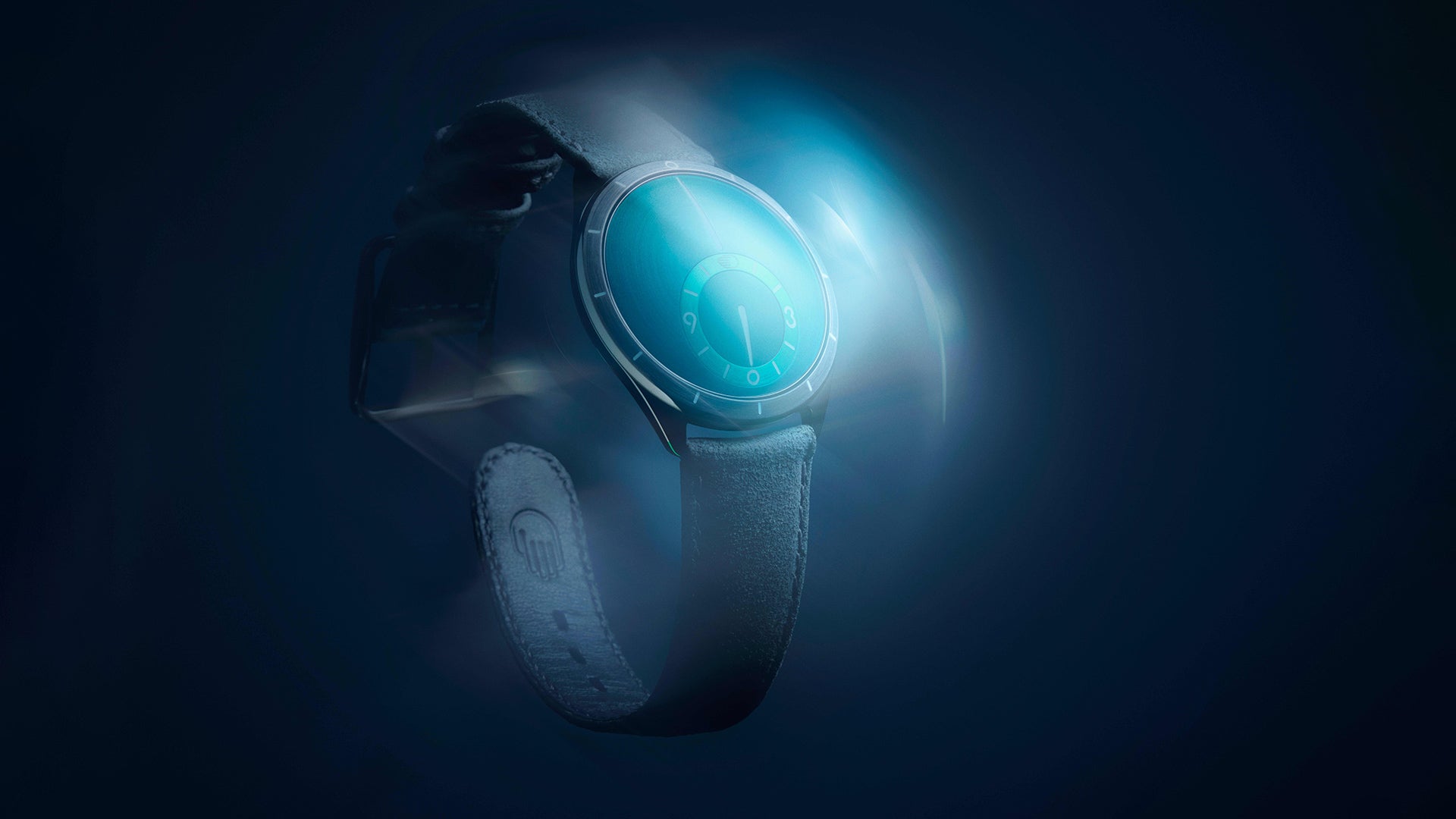Ressence TYPE 9 Aqua, a modern 39mm watch, shown in an artistic blue blur representing speed and movement, on a grey leather strap and dark background